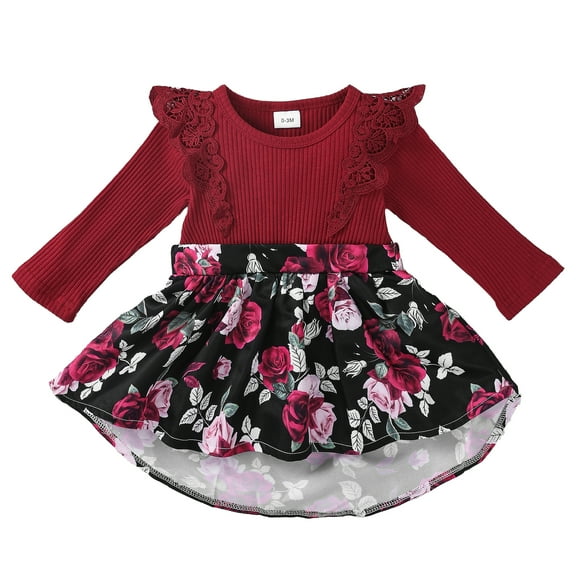 Kucnuzki Infant Baby Girls Dress 12-18 Months Round Neck Ruffle Long Sleeves A-line Dress Floral Romper Dress Knit One-piece Dress Princess Dress with Headband 2pcs Red