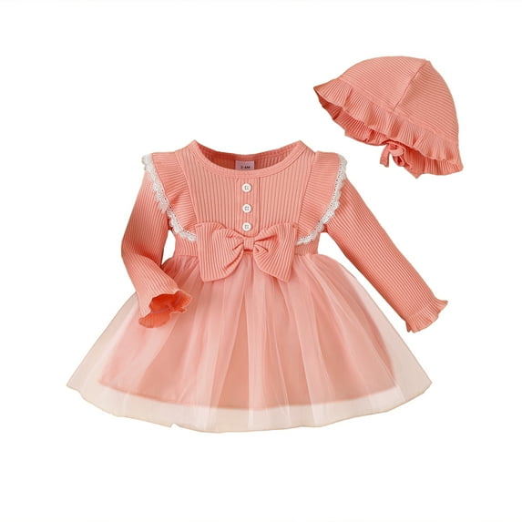 Kucnuzki Infant Baby Girls Dress 18-24 Months Baby Girls Winter Clothes Ruffle Long Sleeves Knit Dress Flower Front Tulle Dress Solid Color One-piece Outwear with Hat 2pcs Pink