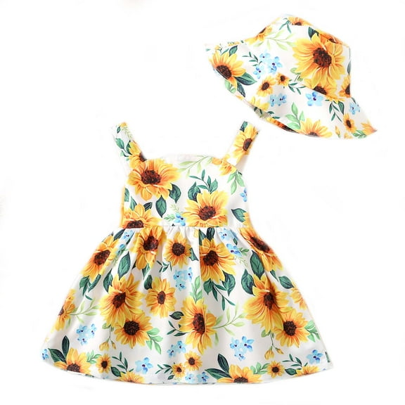 Kucnuzki Infant Baby Girls Dress 18-24 Months Halter Backless Sleeveless Flower Sundress Summer Dresses with Hat 2pcs Summer Clothes Yellow