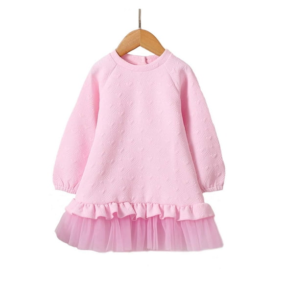 Kucnuzki Infant Baby Girls Dress Round Neck Long Sleeves Dress Solid Color One-piece Tulle Dress Fall Winter Pink 18-24 Months