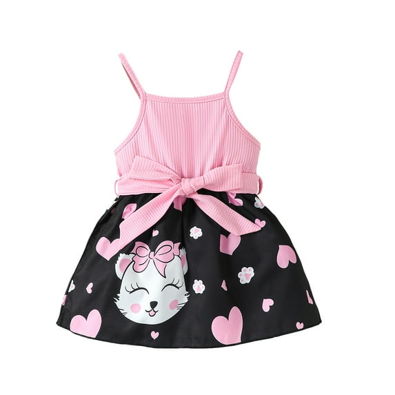 Kucnuzki Infant Baby Girls Dresses Sleeveless with Elastic Waistband Dress Cat Print One-piece Dress Pink 18-24 Months