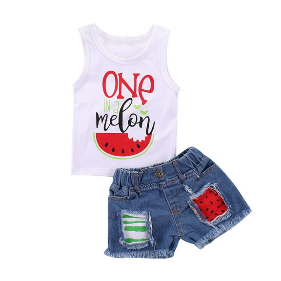 Kucnuzki Infant Baby Girls Outfits 18-24 Months Short Sets Sleeveless Pullover Top Letter Print Watermelon Tank Top Ripped Denim Shorts Sets Spring Summer Clothing Sets White