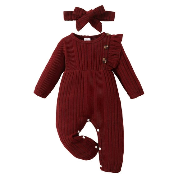 Kucnuzki Infant Baby Girls Romper 12-18 Months Winter Clothes Ruffle Long Sleeves Solid Color Jumpsuit Button One-piece Overalls with Headband 2pcs Clothing Red