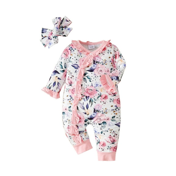 Kucnuzki Infant Baby Girls Rompers Round Neck Long Sleeves Floral Bodysuits Fall Button One-piece with Headband 2pcs Baby Girls Fall Clothing Pink 12-18 Months