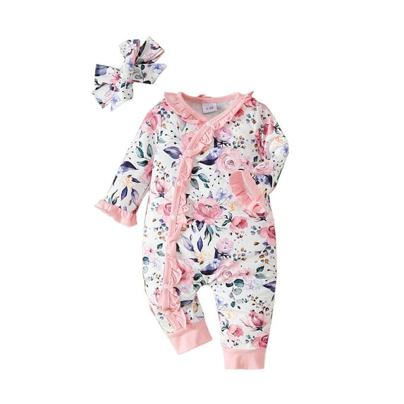 Kucnuzki Infant Baby Girls Rompers Round Neck Long Sleeves Floral Bodysuits Fall Button One-piece with Headband 2pcs Baby Girls Fall Clothing Pink 12-18 Months