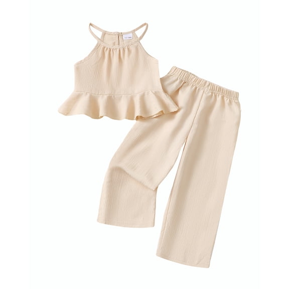 Kucnuzki Infant Baby Girls Summer Clothes Sets 18-24 Months Outfits Sleeveless Off-the-shoulder Top Solid Color Halter Top   Wide-leg Pants 2pcs Pant Set Apricot