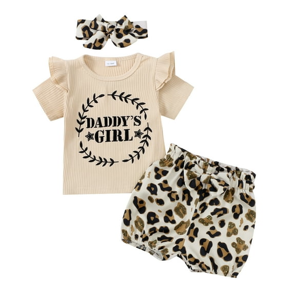 Kucnuzki Infant Baby Girls Summer Outfits 18-24 Months Clothes Sets Ruffle Short Sleeves Top Letter Print T-shirt Bowknot Leopard Shorts Sets with Headband 3pcs Apricot