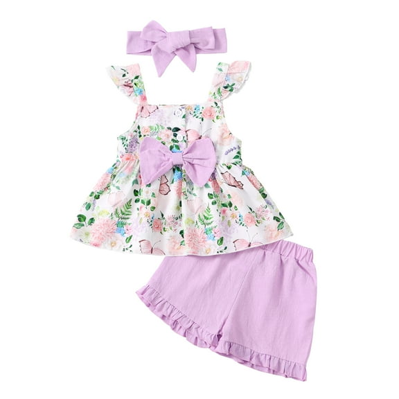 Kucnuzki Infant Baby Girls Summer Outfits 18-24 Months Halter Sleeveless Top Bow Floral Butterfly Print Tank Top Solid Color Shorts Sets with Headband 3pcs Purple