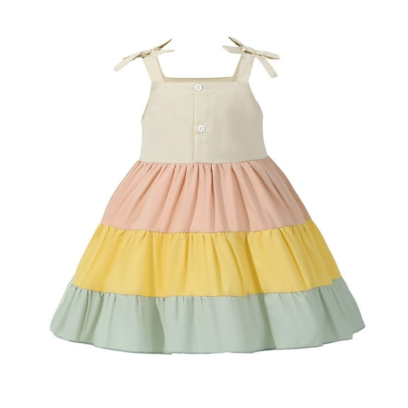 Kucnuzki Kids Girl Clothes 3T Spring Summer Dress 4T Suspender Sling Color-Blocked Stitching Cake Layer Dress Multi-color 3-4 Years