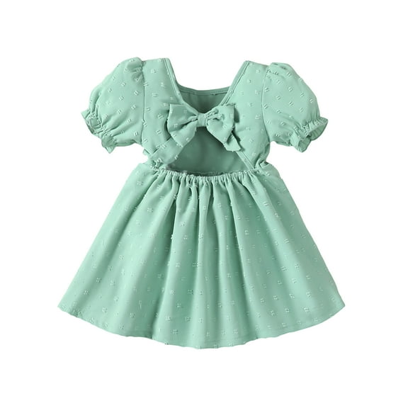 Kucnuzki Kids Girl Clothes 5T Spring Summer Dress 6T Suspender Short Puff Sleeve Pure Color Big Bowknot Dress Green 5-6 Years