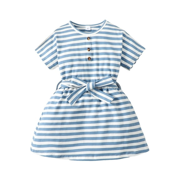 Kucnuzki Kids Girl Clothes 7T Spring Summer Dress Fly Sleeve Stripe Prints Wide Neck Waist Design Sundress Blue
