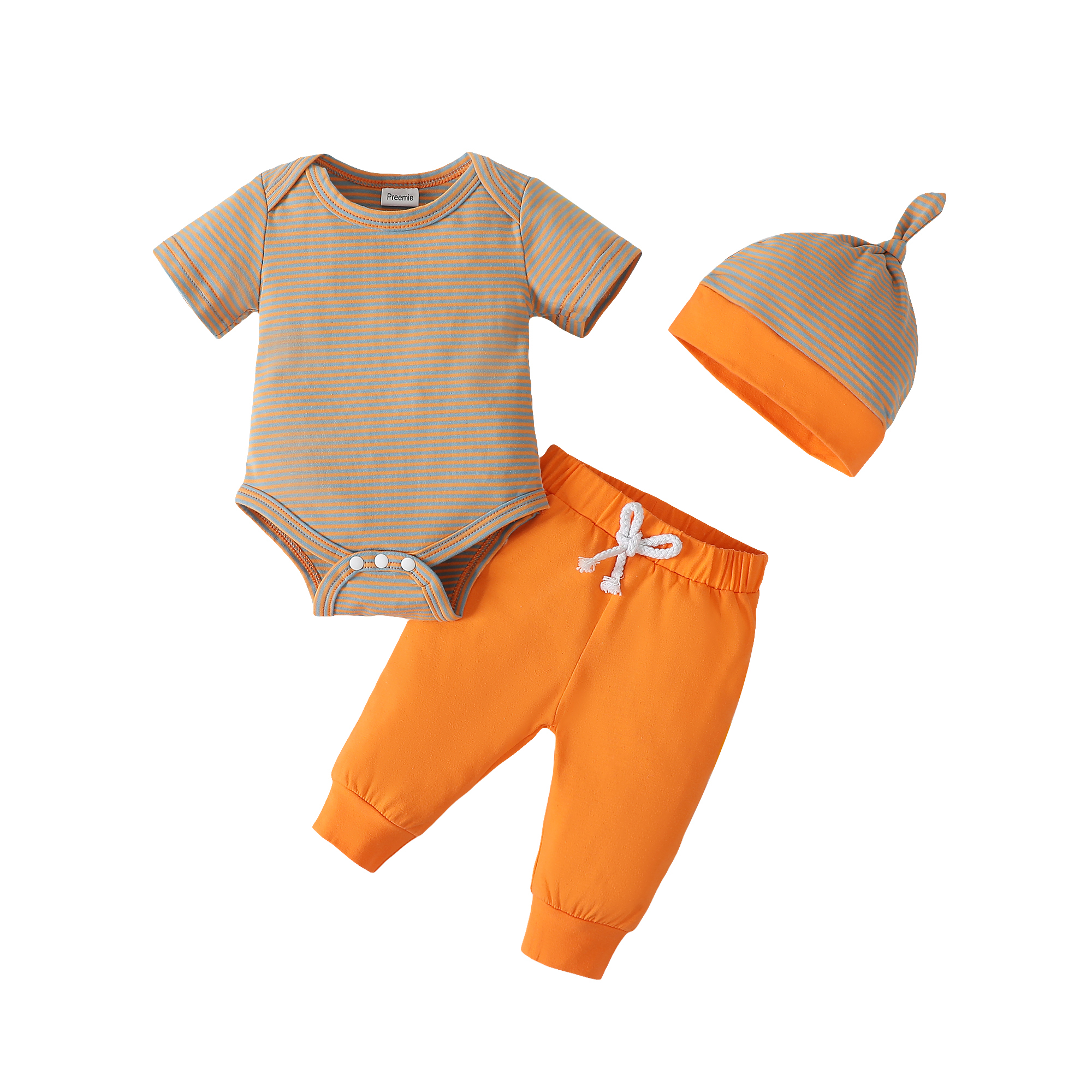 Kucnuzki Newborn Baby Boy Outfits 0-3 Months Solid Color Short Sleeve Romper Top + Pants + Hat 3pcs Baby Boy Pant Set Brown