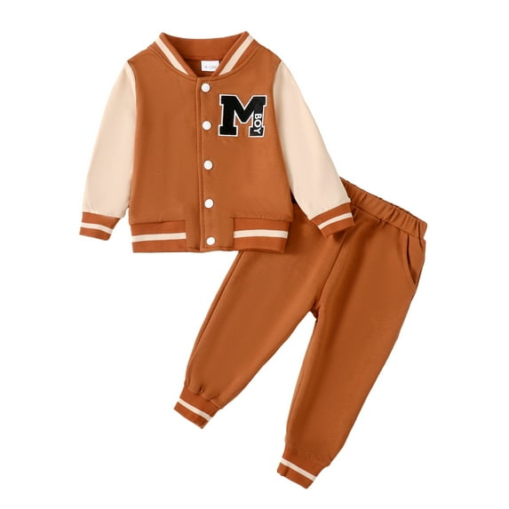 Kucnuzki Newborn Baby Boy Outfits 6-12 Months Long Sleeve Baseball Uniform + Pants 2pcs Baby Boy Pant Sets Fall Winter Brown