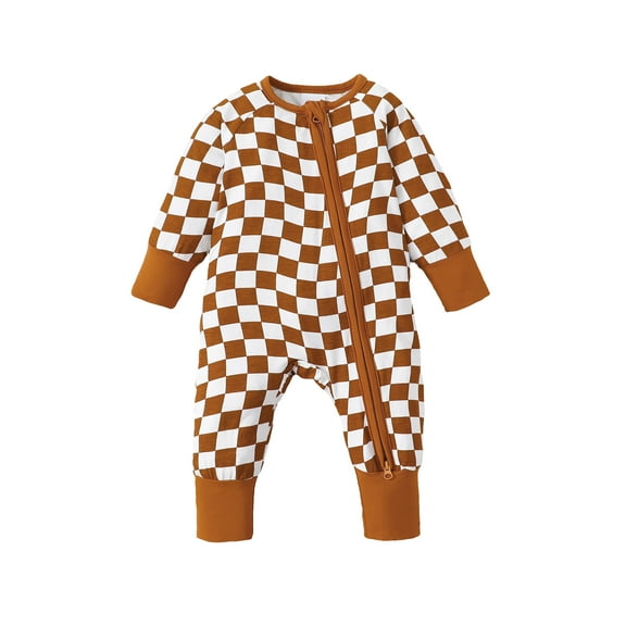 Kucnuzki Newborn Baby Boys Bodysuits 3-6 Months Baby Boys Winter Clothes Round Neck Long Sleeves Romper Checkboard Print One-piece Overalls Zipper Brown