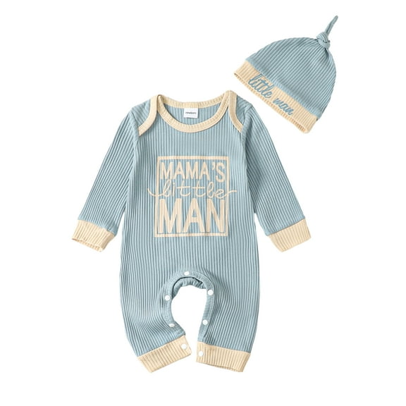 Kucnuzki Newborn Baby Boys Bodysuits 6-12 Months Winter Warm Clothing Long Sleeves Romper Letter Print Knit Bodysuits Button Jumpsuits with Hat 2pcs Blue
