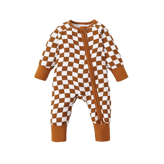 Kucnuzki Newborn Baby Boys Bodysuits 9-12 Months Baby Boys Winter Clothes Round Neck Long Sleeves Romper Checkboard Print One-piece Overalls Zipper Brown