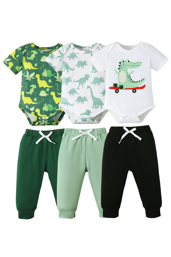 Newborn Baby Boys Layette Gift Set 3-6 Months Bodysuit Pants Sets Short Sleeves Romper Top + Pants Dinosaur Print Clothing Sets 6pcs Outfits Green