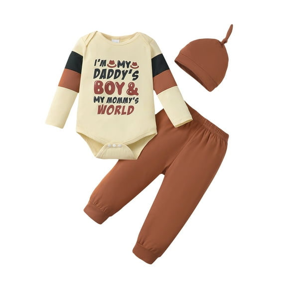 Kucnuzki Newborn Baby Boys Outfit Set 0-3 Months Winter Clothes Long Sleeves Romper Letter Print Pullover Top Solid Color Pants Sets with Hat 3pcs Warm Clothing Apricot