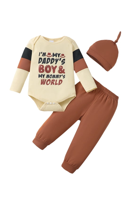 Newborn Baby Boys Outfit Set 3-6 Months Winter Clothes Long Sleeves Romper Letter Print Pullover Top Solid Color Pants Sets with Hat 3pcs Warm Clothing Apricot