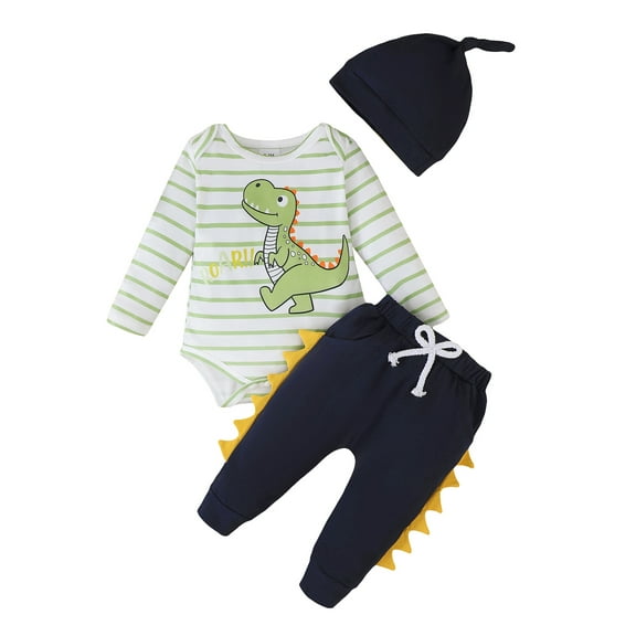 Kucnuzki Newborn Baby Boys Outfit Set 6-12 Months Kid Fall Winter Clothes Long Sleeves Stripped Print Dinosaur Romper Top Drawstring Solid Color Pants Sets with Hat 3pcs Clothing White