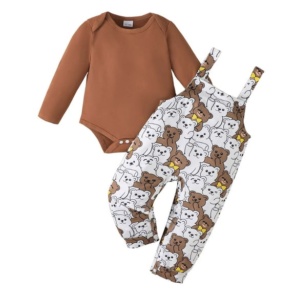 Kucnuzki Newborn Baby Boys Outfit Set 6-12 Months Winter Clothes Long Sleeves Romper Solid Colot Pullover Top Bears Print Suspender Pants Sets 2pcs Warm Clothing Brown