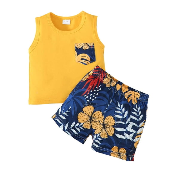 Kucnuzki Newborn Baby Boys Outfit Sets Sleeveless Tank Top   Floral Shorts 2pcs Short Sets Summer Yellow 9-12 Months