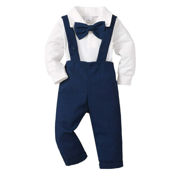 Kucnuzki Newborn Baby Boys Outfits 0-3 Months Boy Gentleman Suit Winter Clothes Set Long Sleeves Solid Color Top Bow Tie Shirt Tops Suspender Pants Sets 2PCS Party Clothing Blue