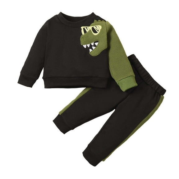 Kucnuzki Newborn Baby Boys Outfits Sets 6-9 Months Round Neck Long Sleeves Sweatshirt Dinosaur Top   Pants 2pcs Pant Sets Fall Winter Black