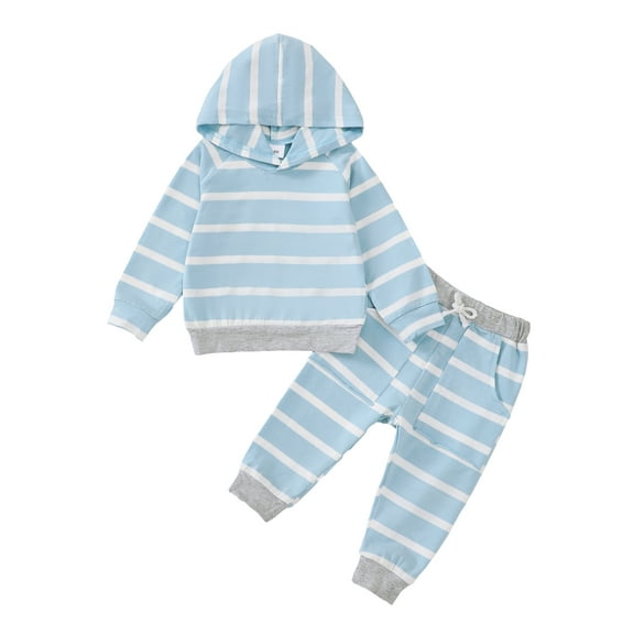 Kucnuzki Newborn Baby Boys Pant Sets Fall Long Sleeves Hooded Shirt Top Striped Pants 2pcs Outfits Fall Blue 6-12 Months