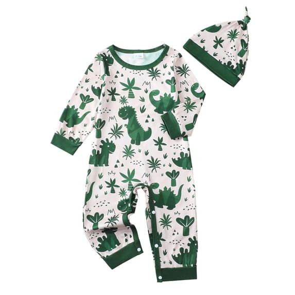 Kucnuzki Newborn Baby Boys Romper 6-12 Months Winter Clothing Long Sleeves Dinosaur Print Jumpsuit Button Bottom One-piece Overalls with Hat 2pcs Clothes Green