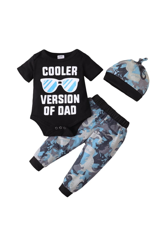 Newborn Baby Boys Spring Clothes Sets 3-6 Months Baby Boys Clothes Sets Short Sleeves Romper Letter Pullover Top Dinosaur Pants Sets with Hat 3pcs Black
