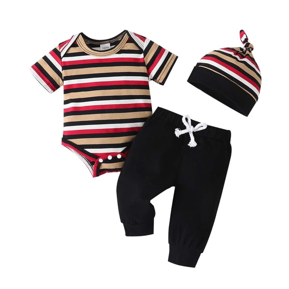 Kucnuzki Newborn Baby Boys Summer Clothes Kid Boy Outfit Sets Short Sleeves Striped Romper Top Solid Color Pants with Hat 3pcs Clothing Red NB