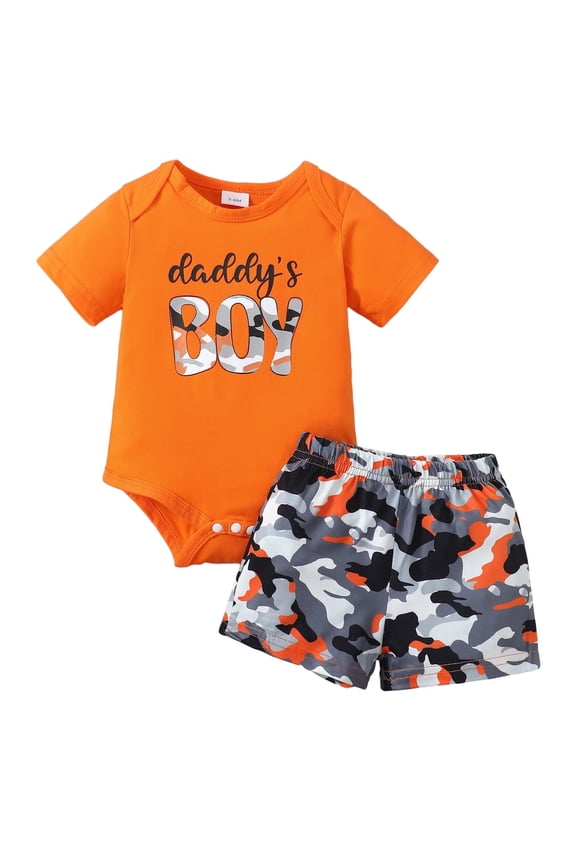 Newborn Baby Boys Summer Outfits 0-3 Months Casual Clothing Sets Short Sleeves Letter Print Romper Top Camouflage Print Shorts Sets 2pcs Orange