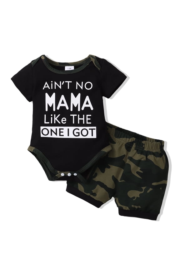 Newborn Baby Boys Summer Outfits 3-6 Months Clothes Sets Short Sleeves Romper Letter Print Top Camouflage Shorts Sets 2pcs Black