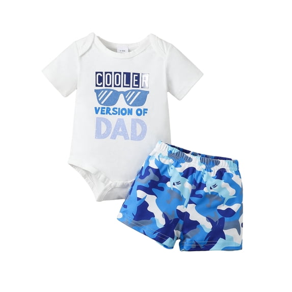 Kucnuzki Newborn Baby Boys Summer Outfits 6-12 Months Casual Clothing Sets Short Sleeves Letter Print Romper Top Camouflage Print Shorts Sets 2pcs White