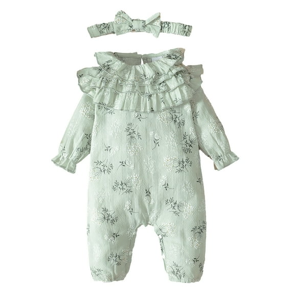 Kucnuzki Newborn Baby Girl Clothes 0 Months Fall Winter Bodysuit 3 Months Long Sleeve Sweet Embroidery Lotus Leaf Layer Bodysuit Headband 2PCS Set Green
