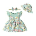 thumbnail image 1 of Kucnuzki Newborn Baby Girl Clothes 0 Months Spring Summer Dress 3 Months Fly Sleeve Fake-Camisole Stitching Floral Prints Dress Hat&Headband 4PCS Set Green 0-3 Months, 1 of 8