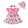 thumbnail image 1 of Kucnuzki Newborn Baby Girl Clothes 0 Months Spring Summer Dress 3 Months Fly Sleeve Fake-Camisole Stitching Floral Prints Dress Hat&Headband 3PCS Set Pink 3-6 Months, 1 of 9
