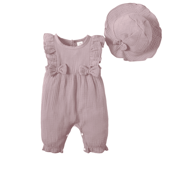 Kucnuzki Newborn Baby Girl Clothes 3 Months Spring Summer Bodysuit 6 Months Fly Sleeve Solid Color Pit Stripe Bodysuit Hat 2PCS Set Purple