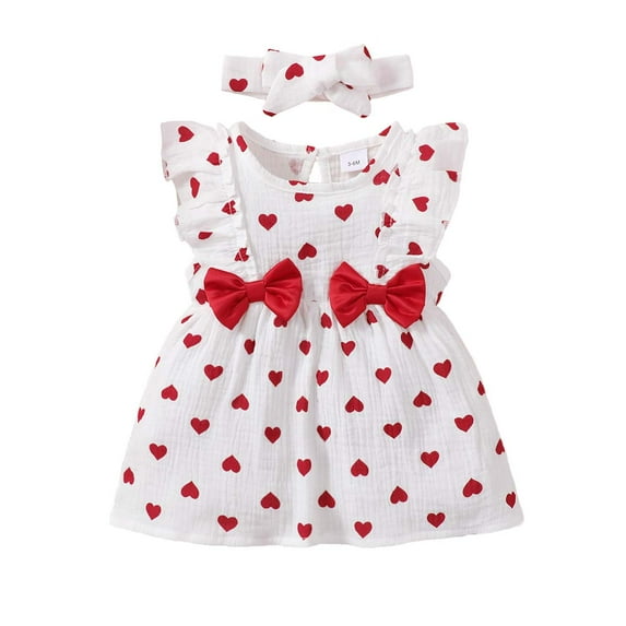 Kucnuzki Newborn Baby Girl Clothes 6 Months Summer Dress 9 Months Fly Sleeve Sweet Heart Prints Flouncing Bowknot Dress Sleeveless Drees Headband 2PCS Set White