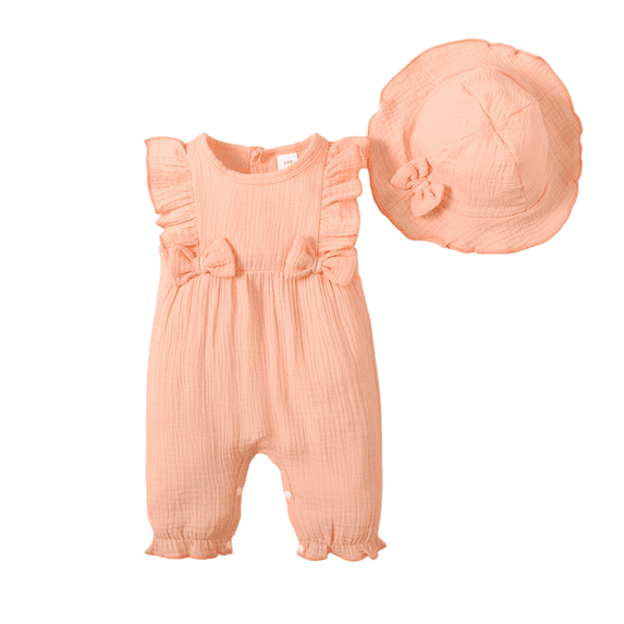 Kucnuzki Newborn Baby Girl Clothes 9 Months Spring Summer Bodysuit 12 Months Fly Sleeve Solid Color Pit Stripe Bodysuit Hat 2PCS Set Pink
