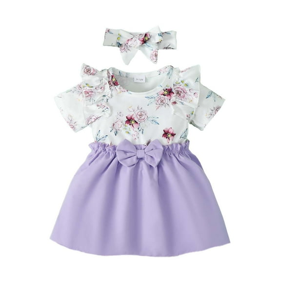 Kucnuzki Newborn Baby Girl Clothes 9 Months Summer Dress 12 Months Short Sleeve Sunflower Prints Upper Solid Color Hemline Drees Headband 2PCS Set Purple