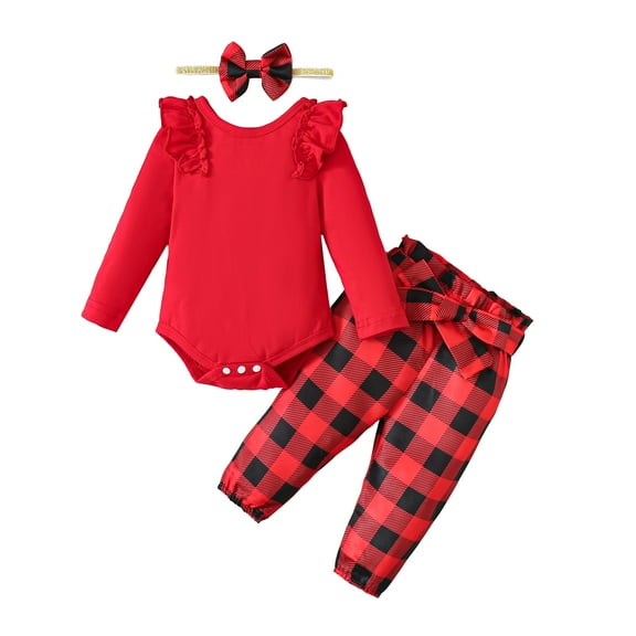 Kucnuzki Newborn Baby Girl Outfits 6-12 Months Flying Long Sleeve Romper Top Solid Color Top Plaid Pants with Headband 3pcs Pants Sets Red