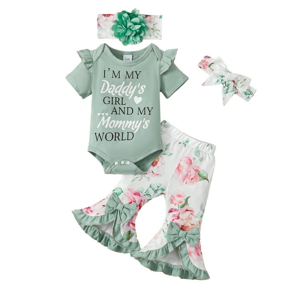 Kucnuzki Newborn Baby Girl Outfits 6-12 Months Ruffle Short Sleeves Top Letter Print Romper Top Floral Flared Pants with 2pcs Heandband 4pcs Sets Green