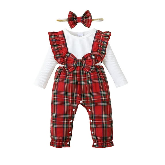 Kucnuzki Newborn Baby Girl Romper 3-6 Months Ruffle Long Sleeves Bodysuit Bowknot Plaid Fake 2pcs Romper + Headband Red