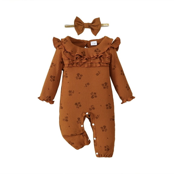 Kucnuzki Newborn Baby Girls Bodysuits 0-3 Months Fall Winter Romper Ruffle Long Sleeves Knit Jumpsuits with Headband 2pcs Brown