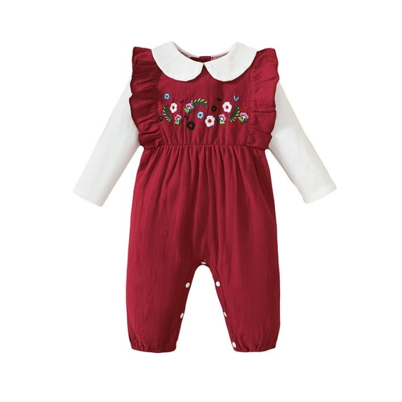 Kucnuzki Newborn Baby Girls Bodysuits 0-3 Months Round Neck Long Sleeves Jumpsuits Flower Embroidery One-piece Overalls Red