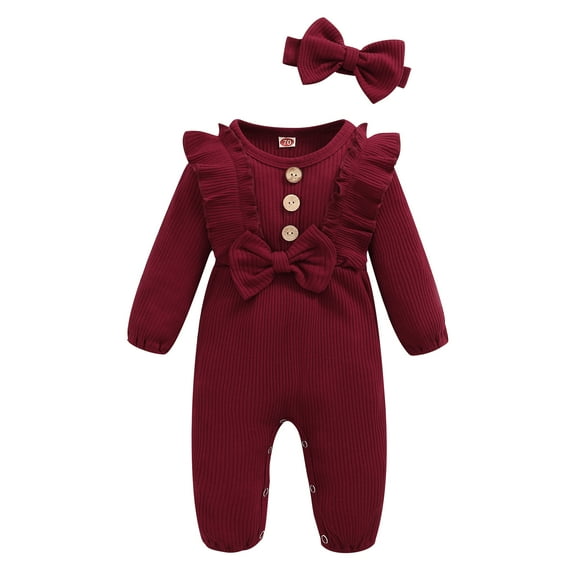 Kucnuzki Newborn Baby Girls Bodysuits 0-3 Months Round Neck Ruffle Long Sleeves Romper Fall Solid Color Bowknot One-piece Overalls Autumn Headband Red