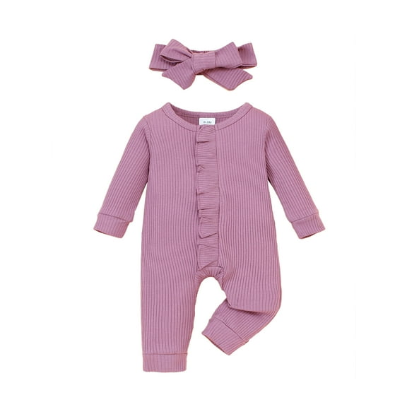 Kucnuzki Newborn Baby Girls Bodysuits 0-3 Months Winter Warm Clothes Round Neck Long Sleeves Romper Solid Color Knit Jumpsuits Button Bottom One-piece Overalls with Headband 2pcs Purple