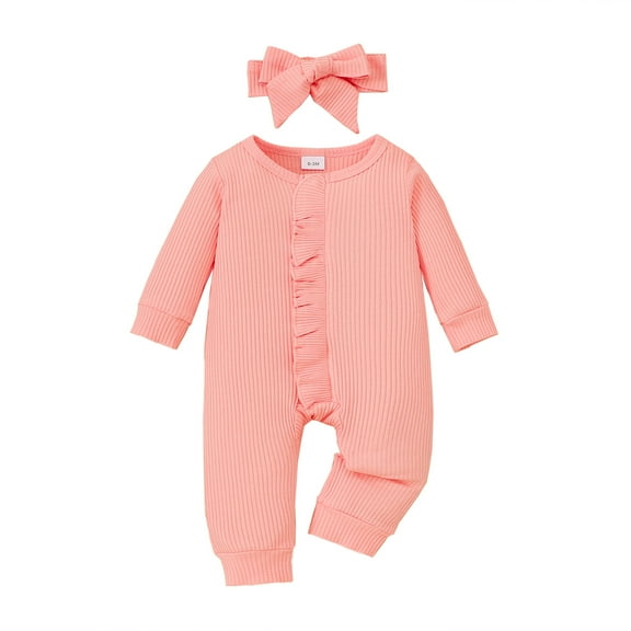 Kucnuzki Newborn Baby Girls Bodysuits 0-3 Months Winter Warm Clothes Round Neck Long Sleeves Romper Solid Color Knit Jumpsuits Button Bottom One-piece Overalls with Headband 2pcs Pink